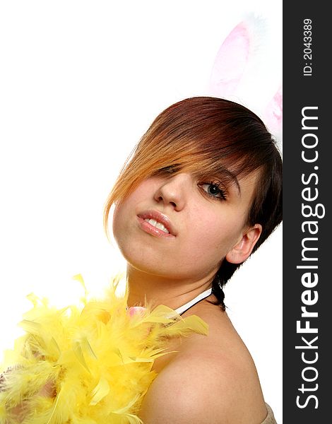 The young bunny girl with yellow feathers