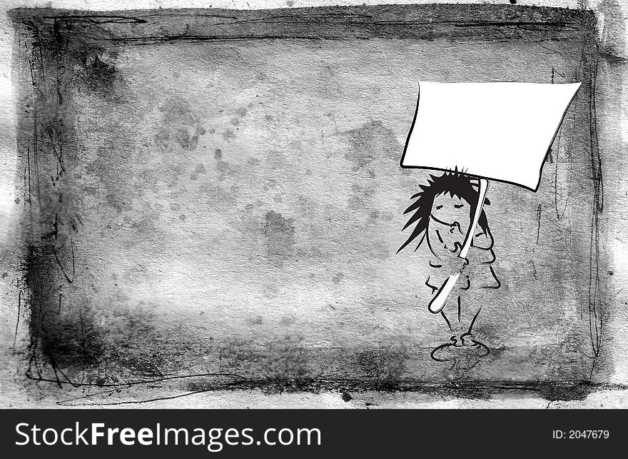 Grunge background with girl holding sign illustration. Grunge background with girl holding sign illustration