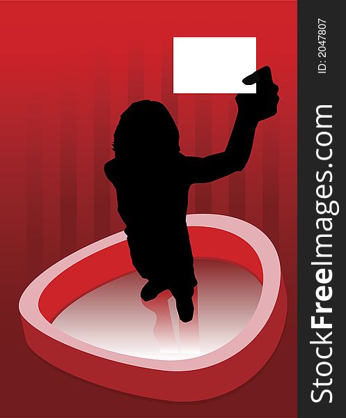 Silhouette of a woman holding business card , round shape. Silhouette of a woman holding business card , round shape