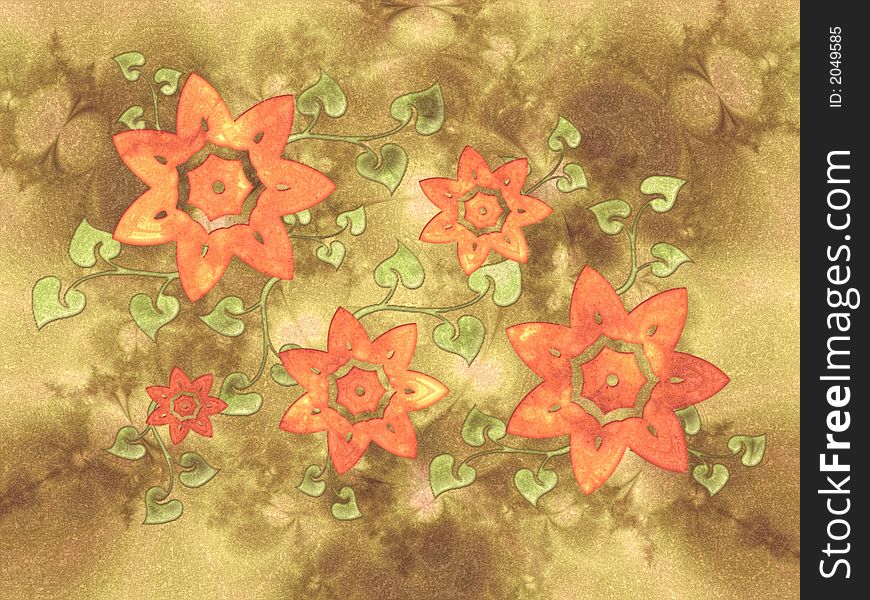 An floral texture design illustration with orange flowers and green leaves and vines on a textured background. An floral texture design illustration with orange flowers and green leaves and vines on a textured background