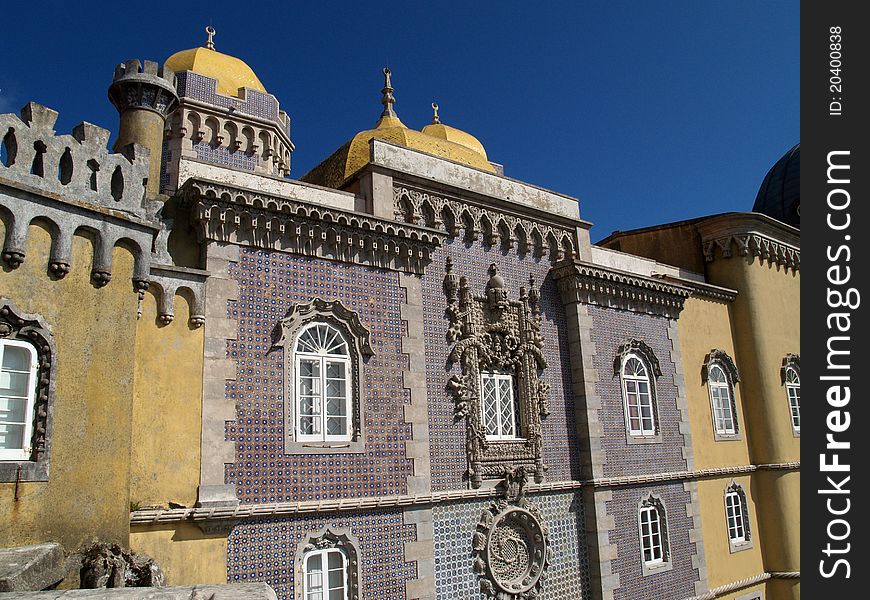 View of the beautiful of Pena palace in the national park of the Sintra hills in Portugal. View of the beautiful of Pena palace in the national park of the Sintra hills in Portugal