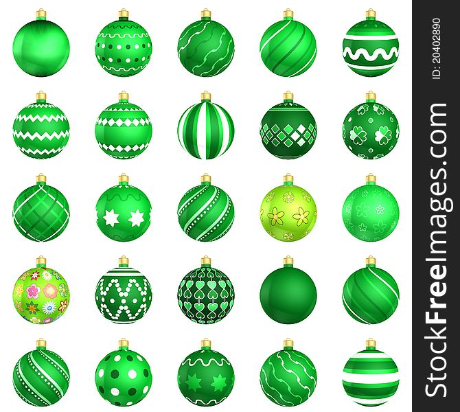 Green christmas baubles big back 25 on white background