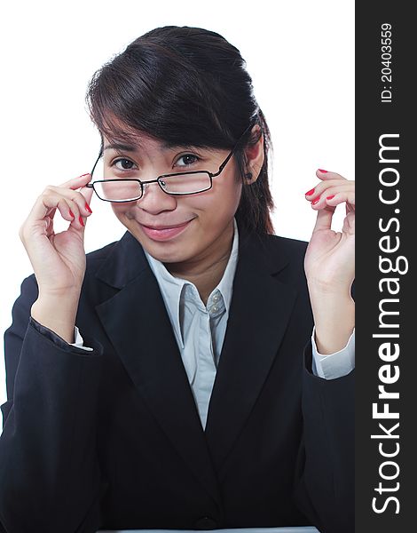 Young happy businesswoman wearing eyeglasses. Young happy businesswoman wearing eyeglasses