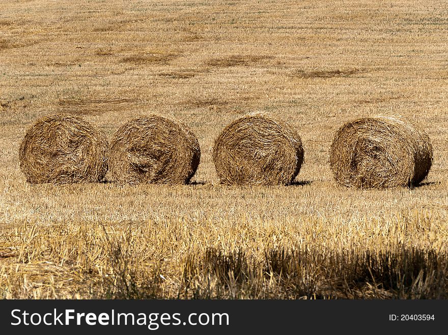 Field with four bales of hay