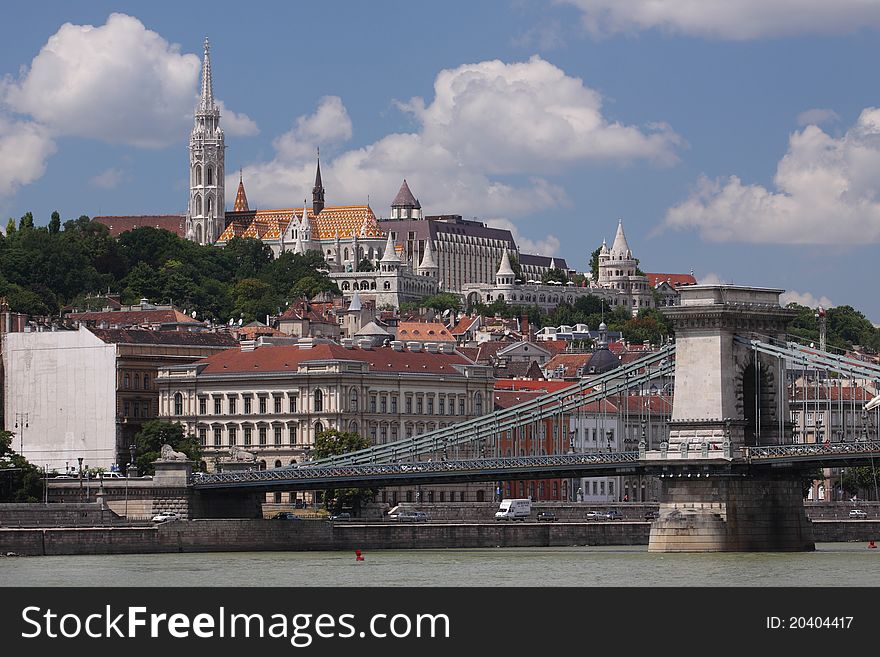 The Budapest scenery represented by the Buda castle and Chain bridge.