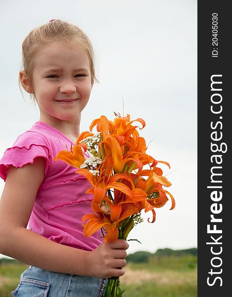 Girl With A Bouquet Of Lilies