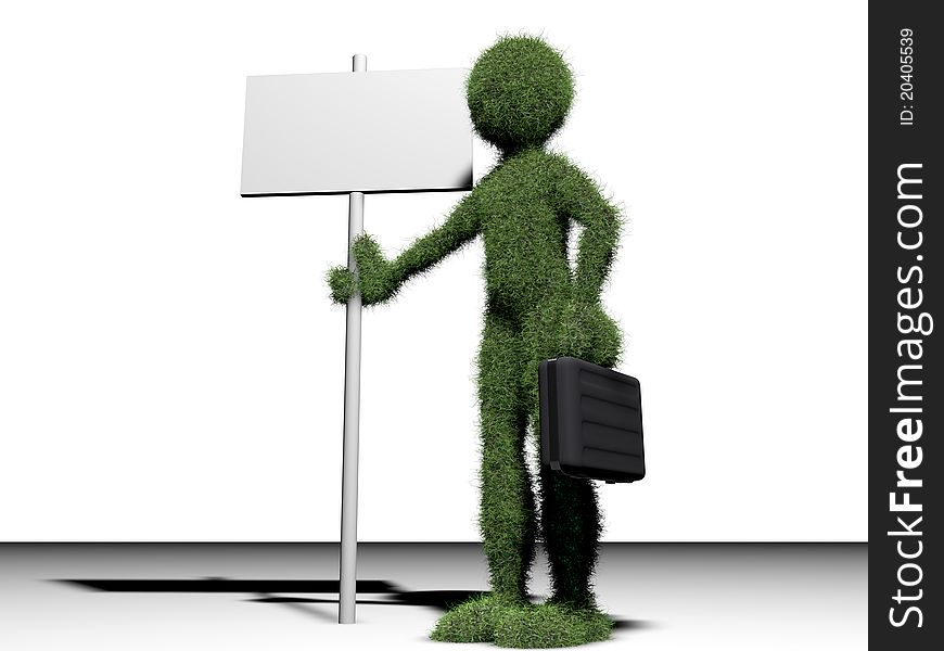 Grass man with blank bilboard on white background