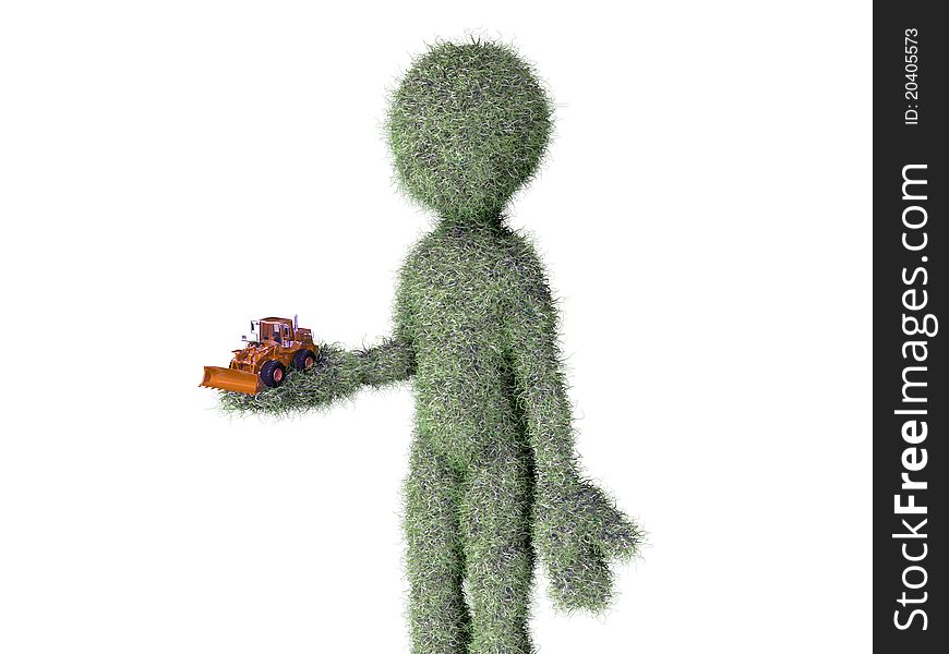 Grass man with buldozer toy isolated on white background