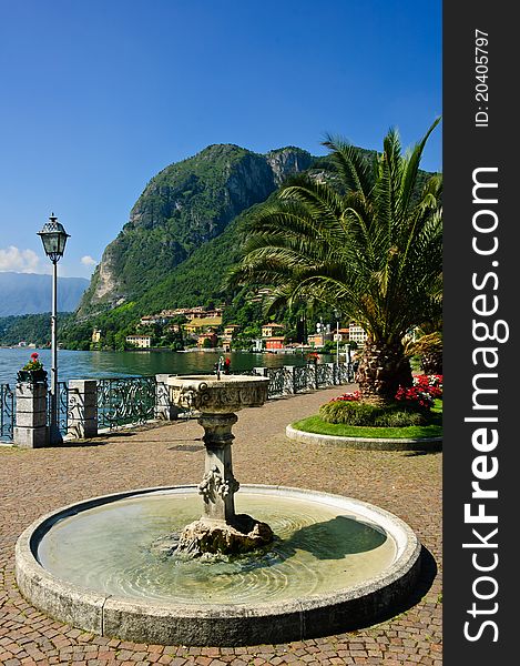 View of lake Como from the shoreline at Menaggio, Italy