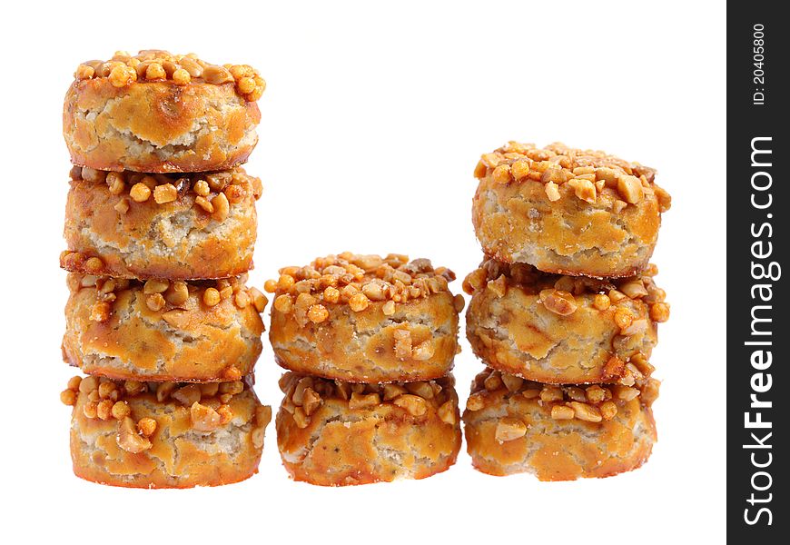 Close up of coated peanut cookie isolated on white background.