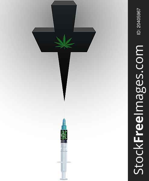 Medical syringe with drugs and grave cross with an image of the leaves of hemp. Medical syringe with drugs and grave cross with an image of the leaves of hemp