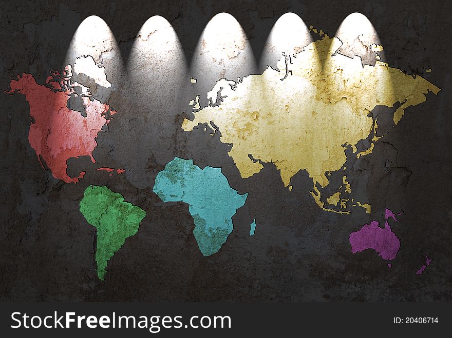 Colored world map with light on a grunge background
