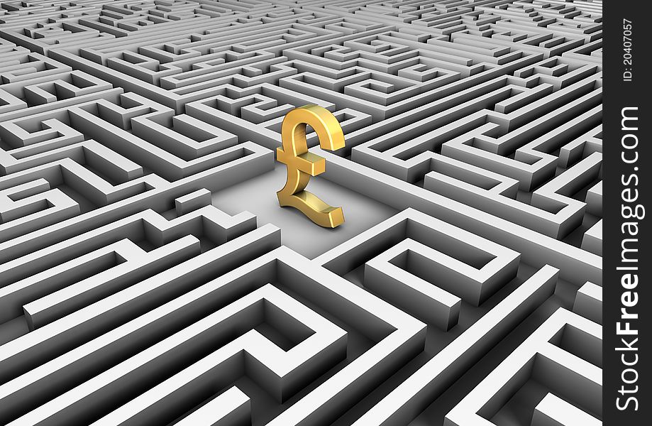 Render of a golden pound symbol in a maze. Render of a golden pound symbol in a maze.