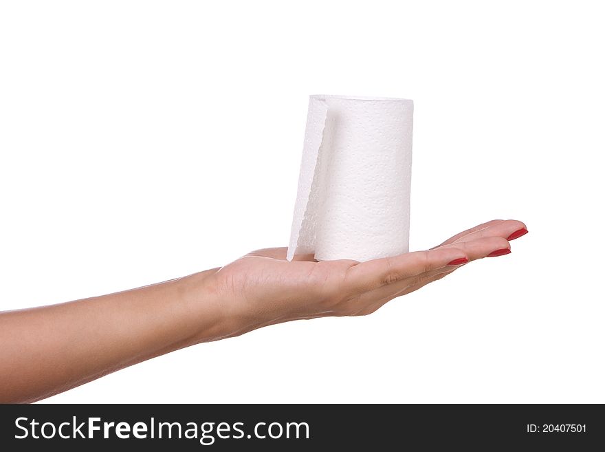 Toilet paper in hand isolated on a white background