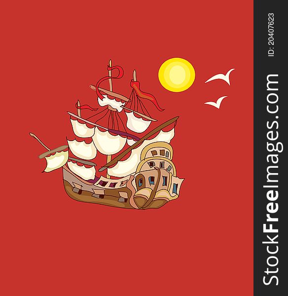 Old romantic ship with red background. Old romantic ship with red background