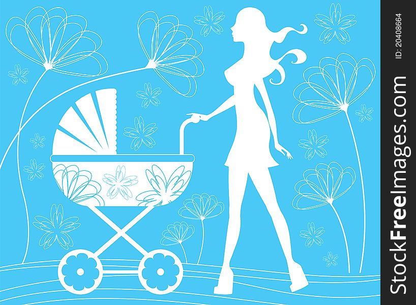 A illustration of a silhouette mom walking with baby carriage