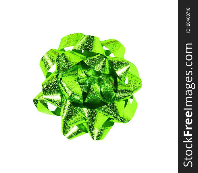 Green gift wrap bow isolated over a white background.