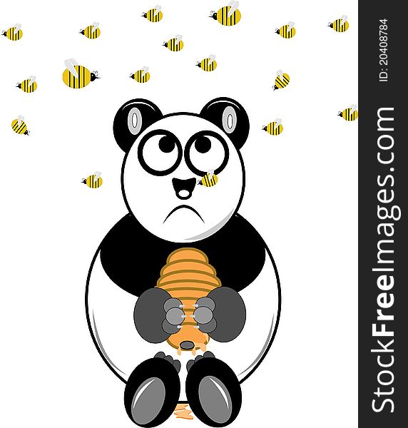 Panda bear eating honey with bees overhead