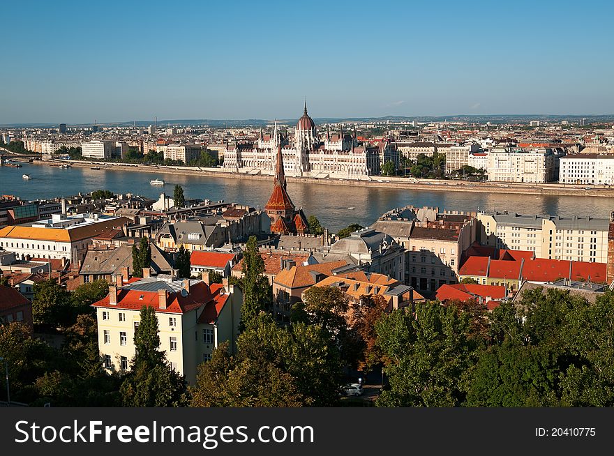 Hungarian Parliament view from Buda Castle Fishermen's Bastion. Hungarian Parliament view from Buda Castle Fishermen's Bastion