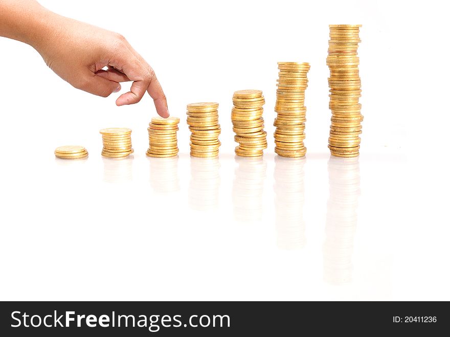 Coins and Hand isolated on the white background