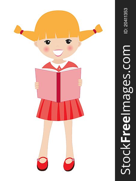 A illustration of a little girl with an open book. A illustration of a little girl with an open book