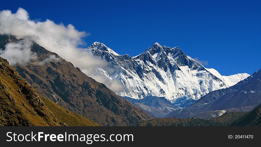 Himalayan mountain landscape, Mt. Everest and Lhotse, Nepal