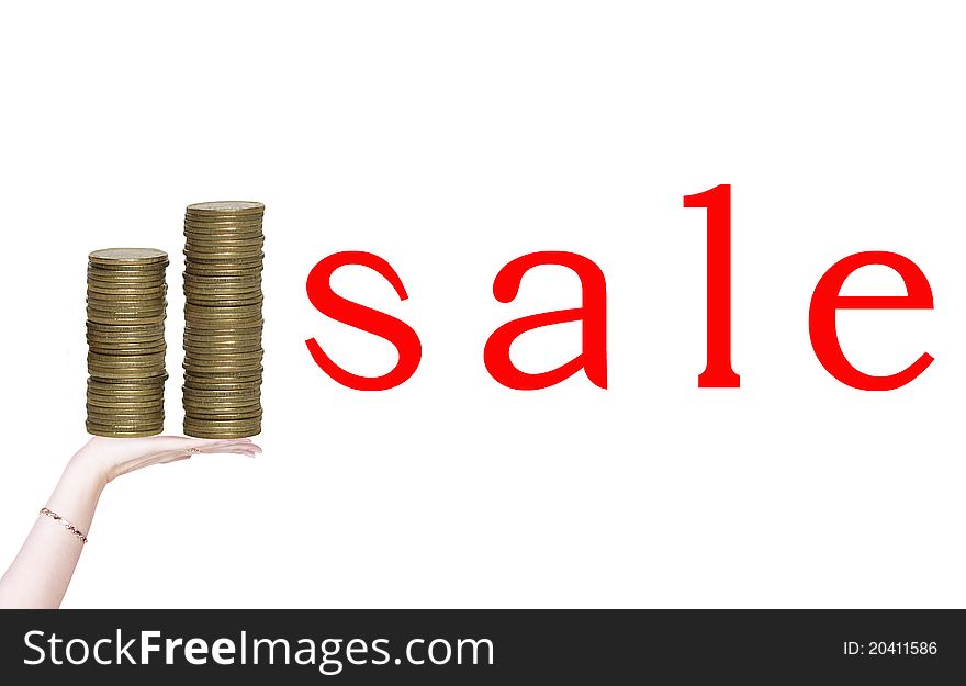 Woman's hand with coins isolated on white background presenting sale. Woman's hand with coins isolated on white background presenting sale