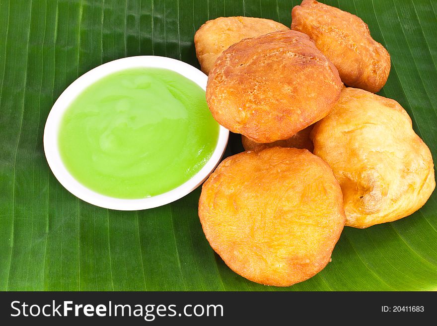 Steamed custard color green and Fried dough food of Thailand. Steamed custard color green and Fried dough food of Thailand