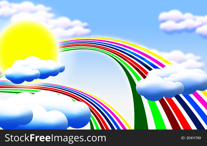 Cartoon picture with sun, clouds and rainbow. Cartoon picture with sun, clouds and rainbow