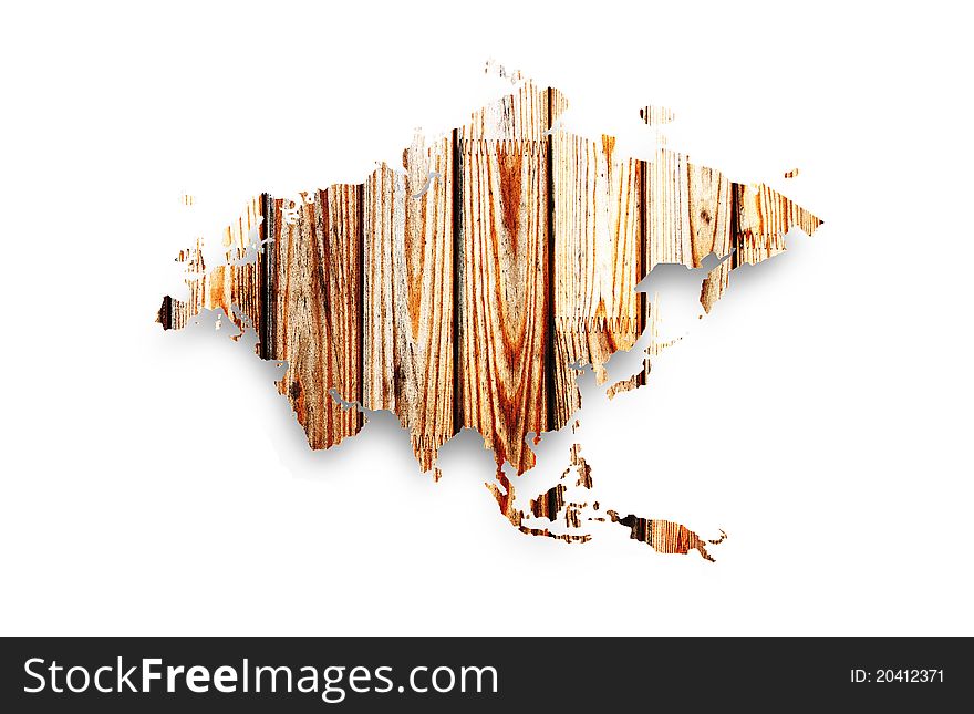 Wooden map of Eurasia on a white background