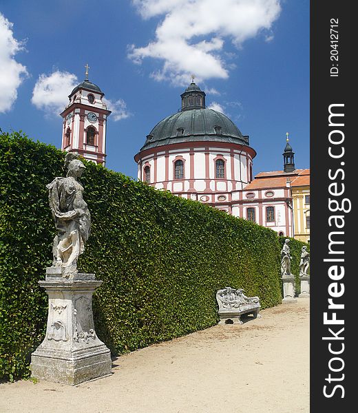 Castle Jaromerice nad Rokytnou in Czech Republic and woman statue