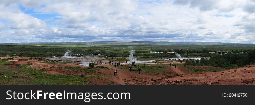 Panoramic View Of Geysir Area On Iceland