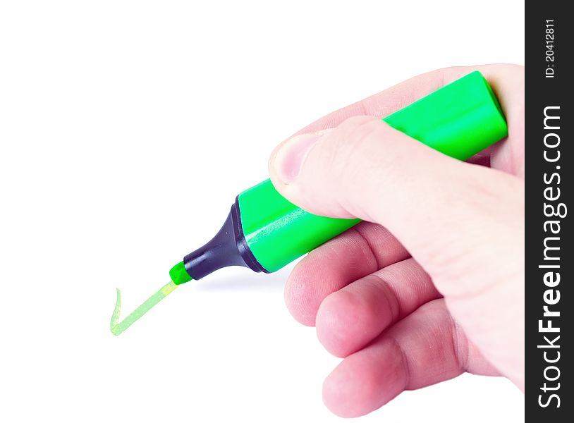 Hand with marker writing isolated on white background