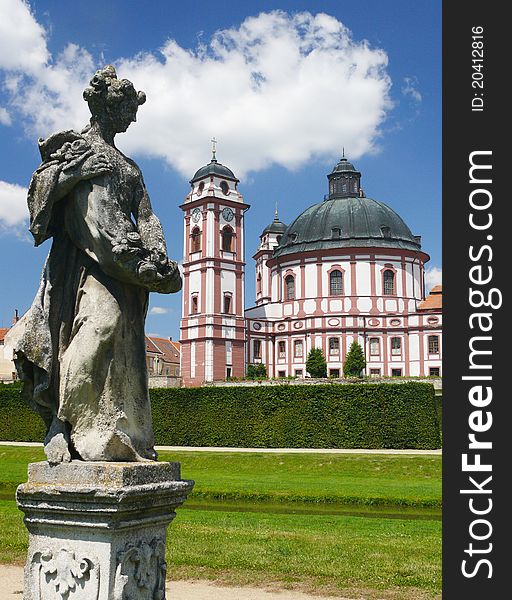 Castle Jaromerice nad Rokytnou in Czech Republic and woman statue