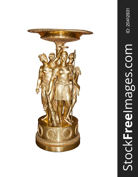 Beautiful golden vase with statues on a white background