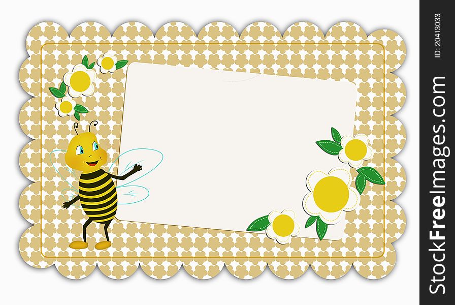 Greeting Card Decorated With Flowers And Funny Bee