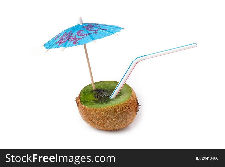 Cocktail with kiwi with straw and umbrella on a white background