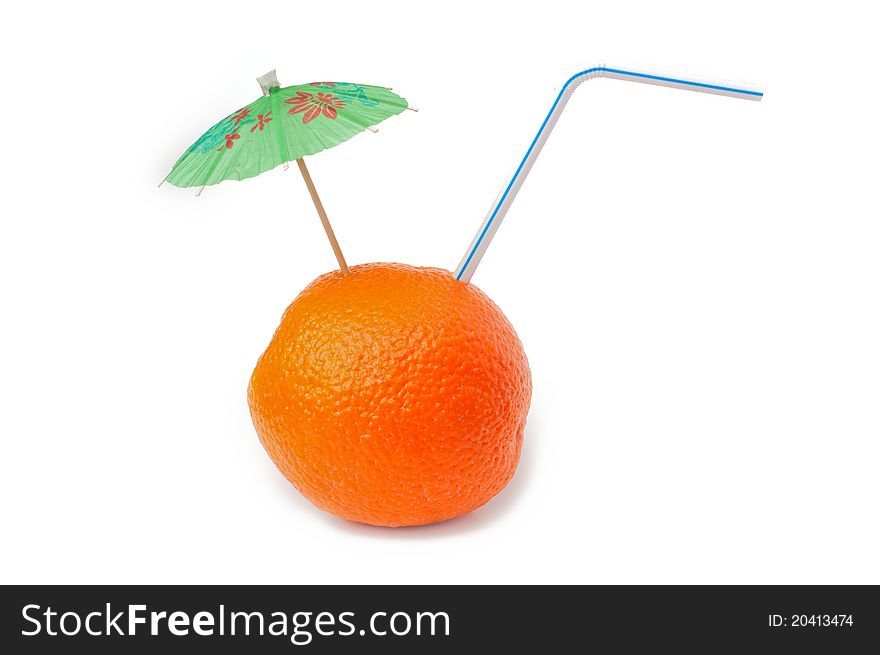 Cocktail with orange with straw and umbrella on a white background