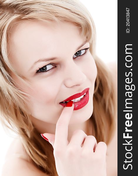 Young mysterious blonde woman with red lips and nails. Young mysterious blonde woman with red lips and nails