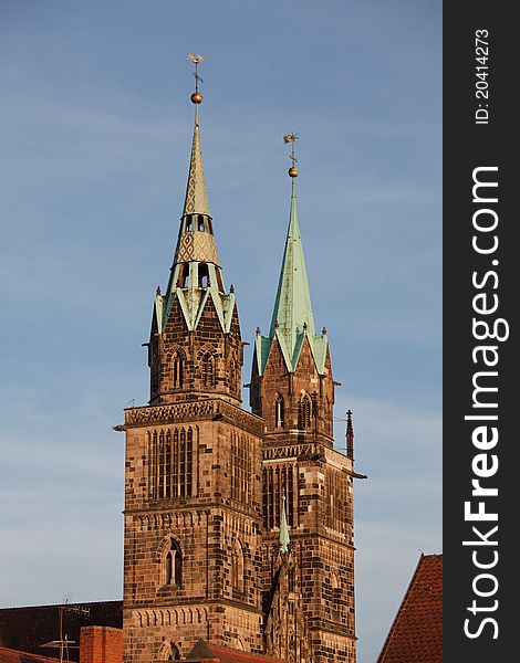 Steeple of a church in the center of nuremberg, germany