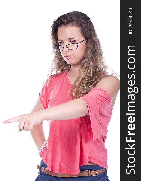 Young and beautiful woman wearing glasses and pointing