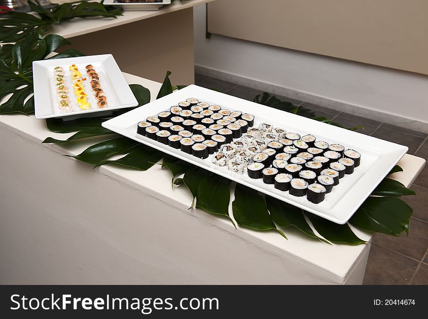 Closeup of a plate of sushi at a launch