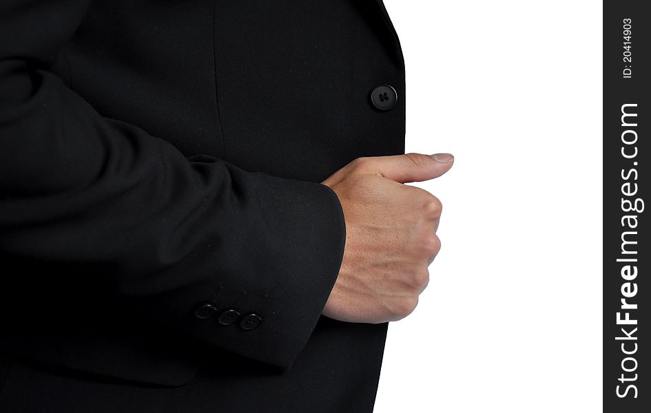 Man's hand holding masterfully his suit in a solid white background. Man's hand holding masterfully his suit in a solid white background