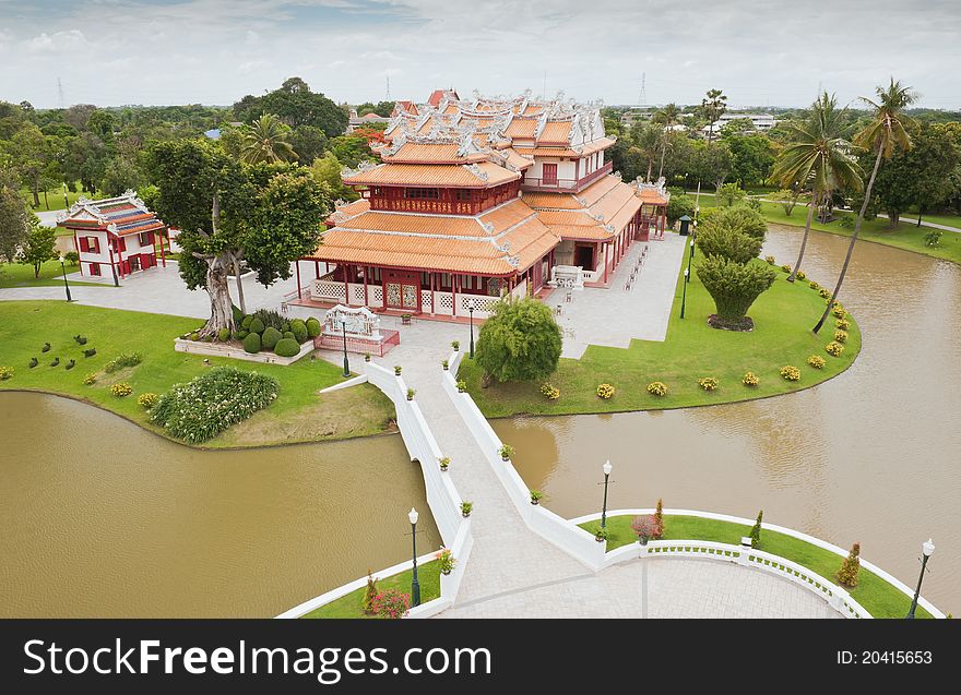 Aerial view of Phra Thinang Wehart Chamrun in Bang Pa-In royal summer residence. This Chinese style mainsion was the favorite residence of King Vajiravudh, Rama VI. Aerial view of Phra Thinang Wehart Chamrun in Bang Pa-In royal summer residence. This Chinese style mainsion was the favorite residence of King Vajiravudh, Rama VI.