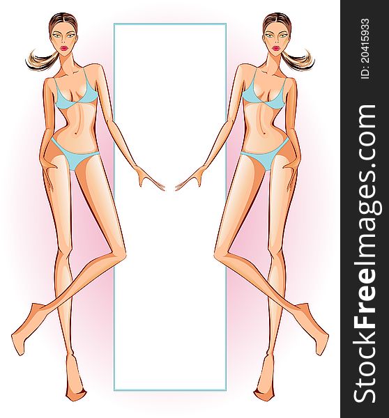 Two Hot young beautiful girls posing in bikini on white pink background with framework for your text. vector background. Two Hot young beautiful girls posing in bikini on white pink background with framework for your text. vector background