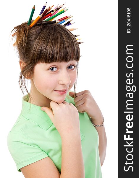 Girl with pencils isolated on a white background