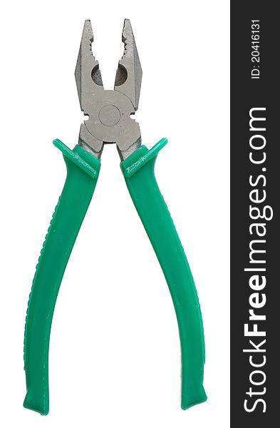 Isolated photo of pliers with green handles on a white background. Isolated photo of pliers with green handles on a white background