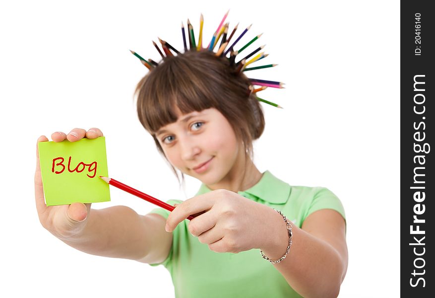 Girl with pencils isolated on a white background