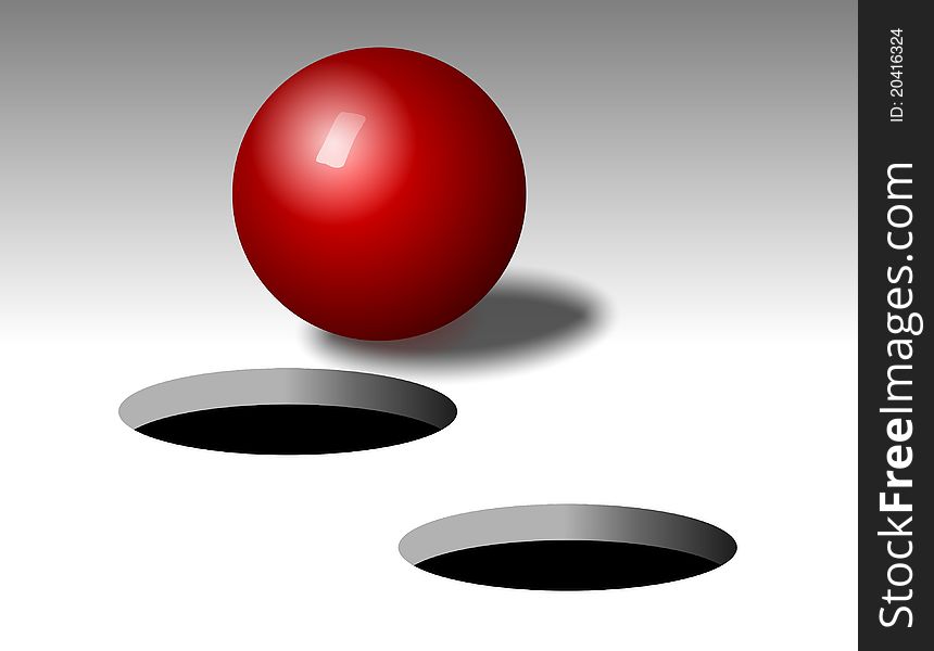 A red shiny ball in front of two holes. A red shiny ball in front of two holes