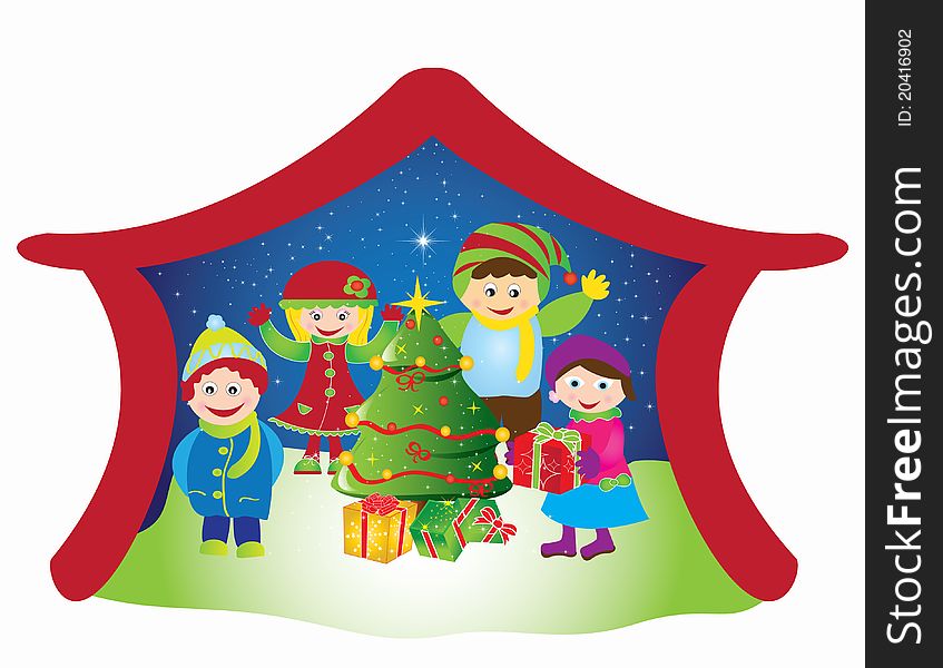 Christmas card background illustration balls ribbon snow red stars gift voucher tree snowman green gold human children tree santa claus. Christmas card background illustration balls ribbon snow red stars gift voucher tree snowman green gold human children tree santa claus